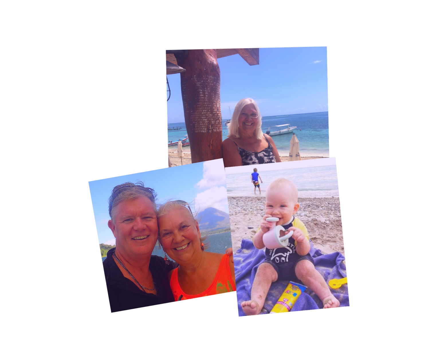 Beach, volcano, man & woman, baby on beach