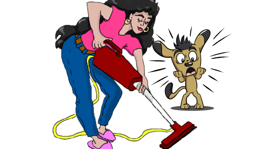 Scared dog, woman vacuuming